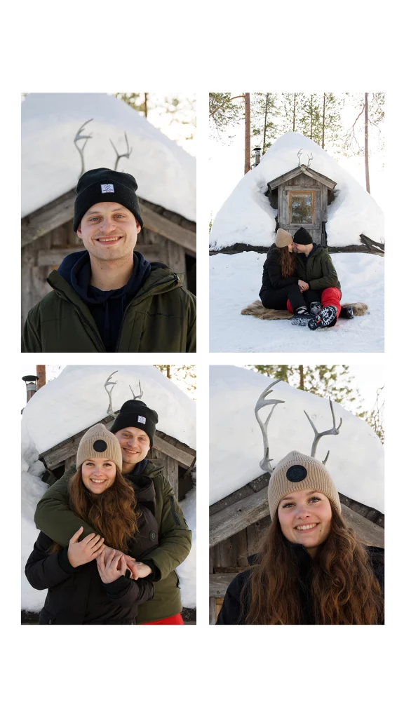 Pose devant Kota moderne Luosto Laponie couple